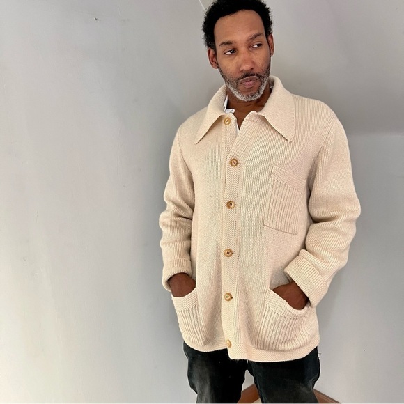 Vintage Lucano Beige Wool Mens Chunky Knit Cardigan Sweater XL Old Money Neutral - Picture 9 of 17